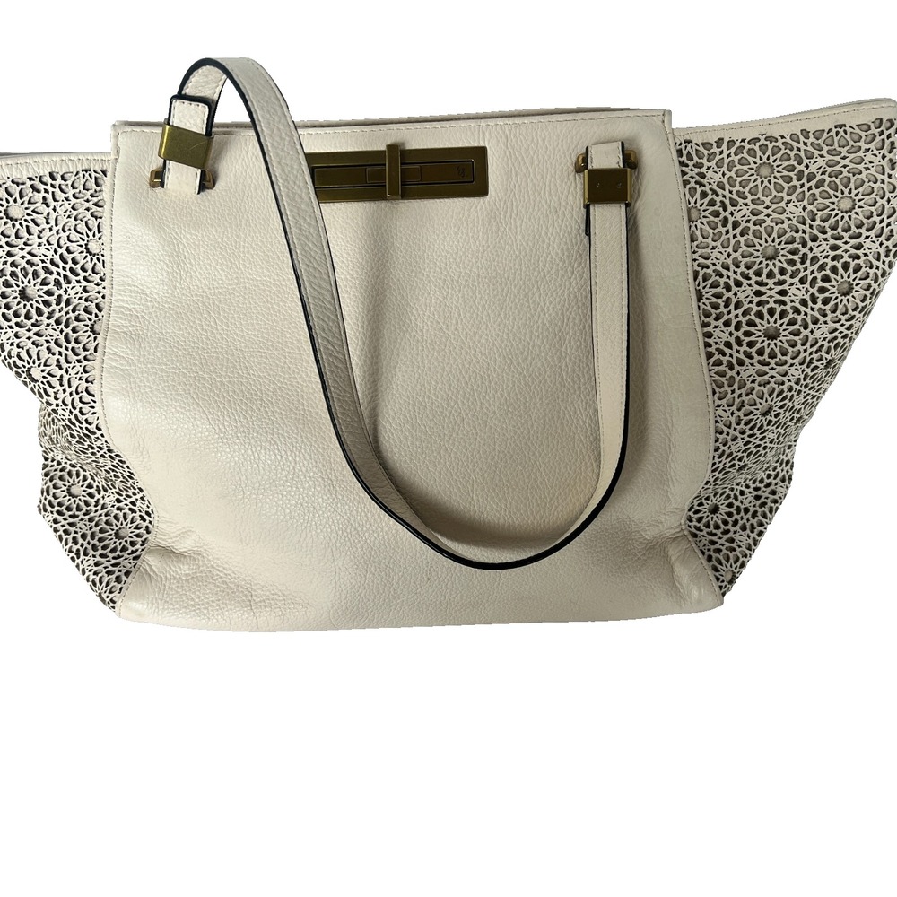 Elliott Lucca Ivory Leather Tote Bag‎ with Lace-Cut Floral Sides Shoulder Purse